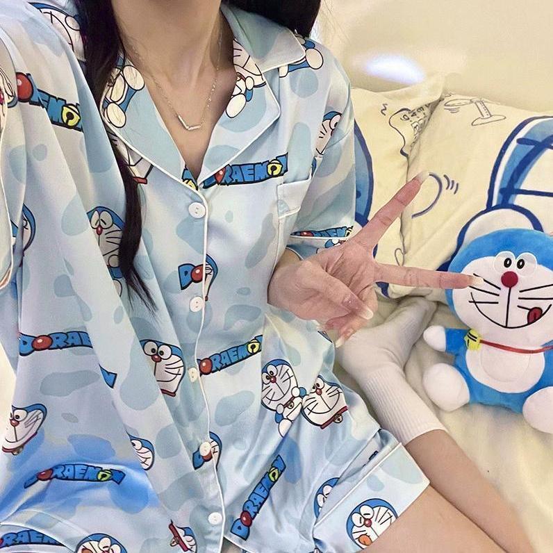 Bộ đồ ngủ FDS dáng ngắn họa tiết Doraemon thời trang mùa hè phong cách Nhật Bản cho nữ