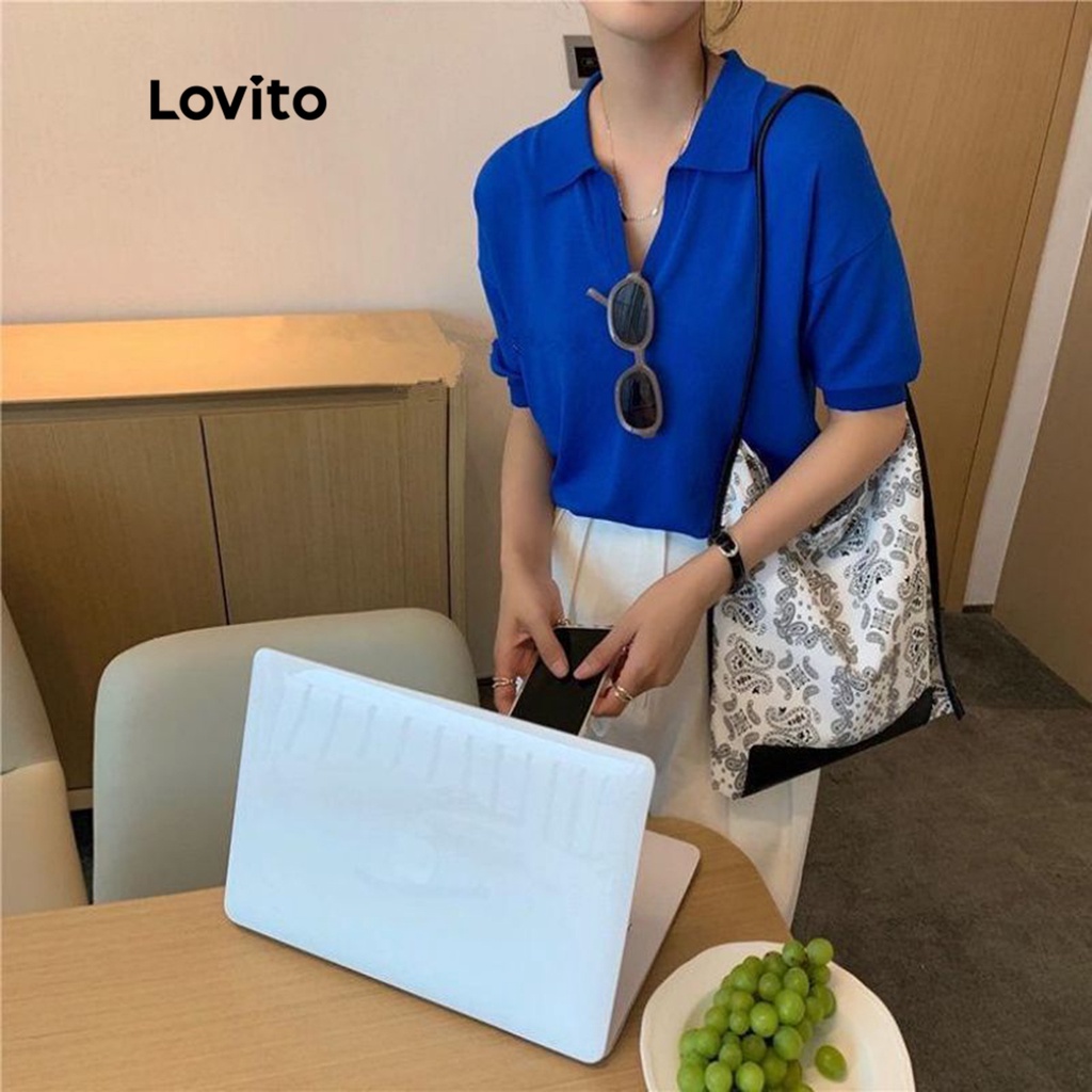 Áo dệt kim cổ trơn Lovito cho nữ LNE11059 (xanh dương hoàng gia/tím)