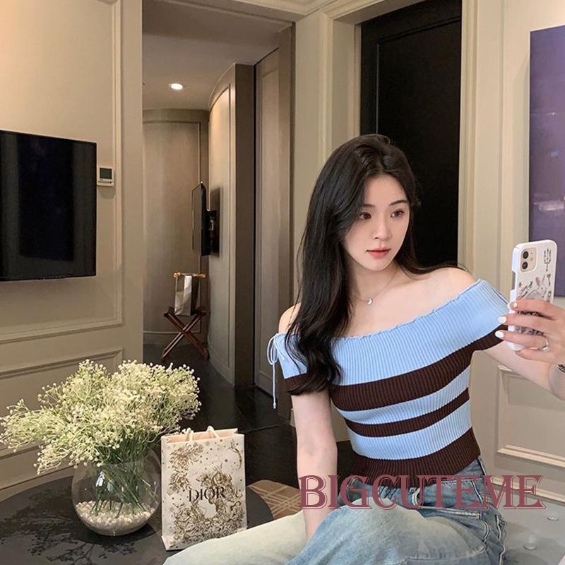 Áo Thun Dệt Kim Trễ Vai Tay Ngắn Họa Tiết Kẻ Sọc Thời Trang Mùa Hè Dành Cho Nữ