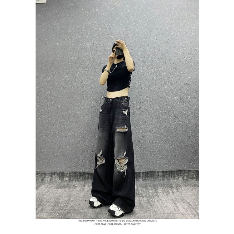 Quần Jean Rách Lưng Cao Ống Rộng Phong Cách Đường Phố Mỹ Thời Trang Mùa Hè Cho Nữ