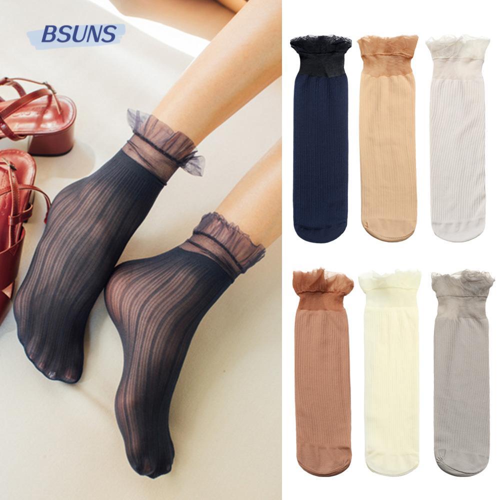 Vớ Lụa Phối Ren Màu Trơn Co Giãn Gợi Cảm Cho Nữ