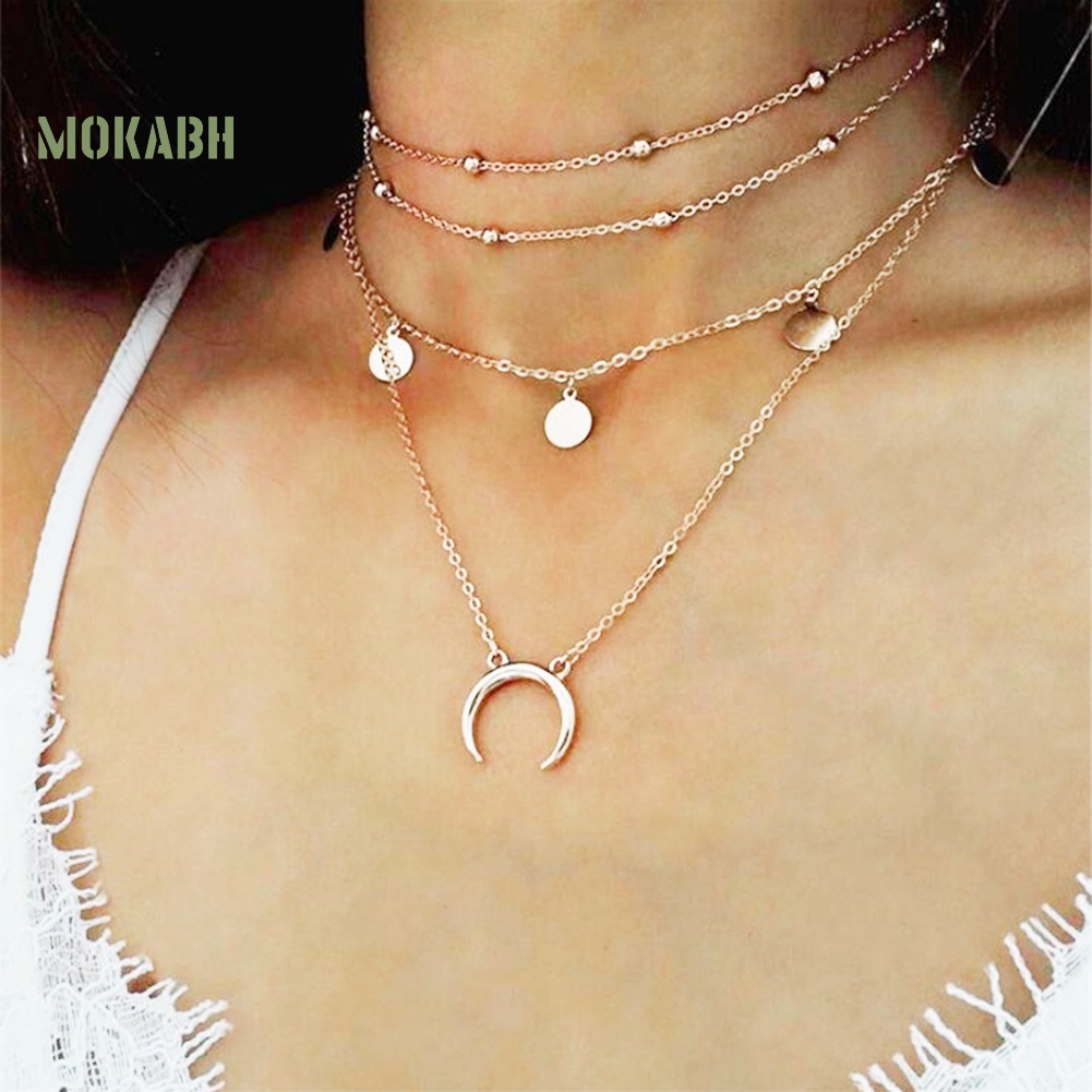 [Mok Abh] Vòng Cổ Choker Nhiều Tầng Với Mặt Dây Hình Mặt Trăng Phong Cách Boho Thời Trang