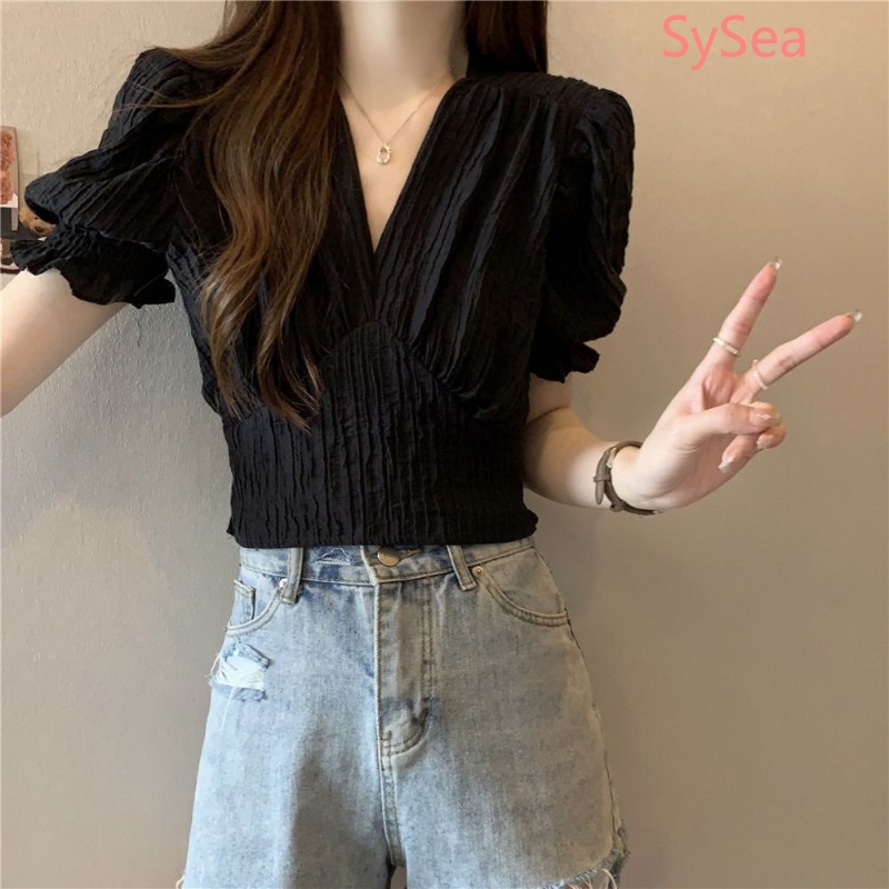 Áo Kiểu Cổ Chữ V Thiết Kế Xếp Ly Phong Cách Retro Pháp Cho Nữ