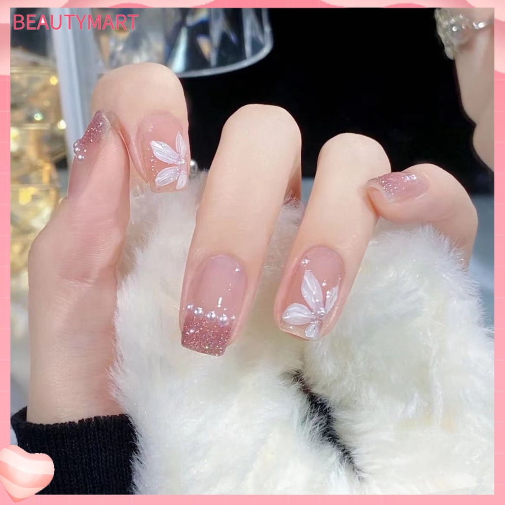 1 Bộ Móng Tay Giả Ngắn Che Phủ Toàn Diện Tháo Rời Được Trang Trí Hoa Trà Đính Ngọc Trai / Hoa Trà DIY