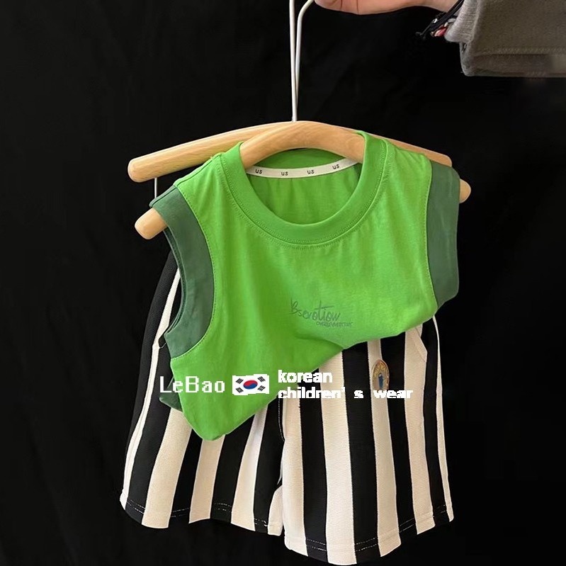 Set Áo Thun Ba Lỗ + Quần Short Cotton Họa Tiết Kẻ Sọc Phong Cách Hàn Quốc Thời Trang Mùa Hè Cho Bé Trai