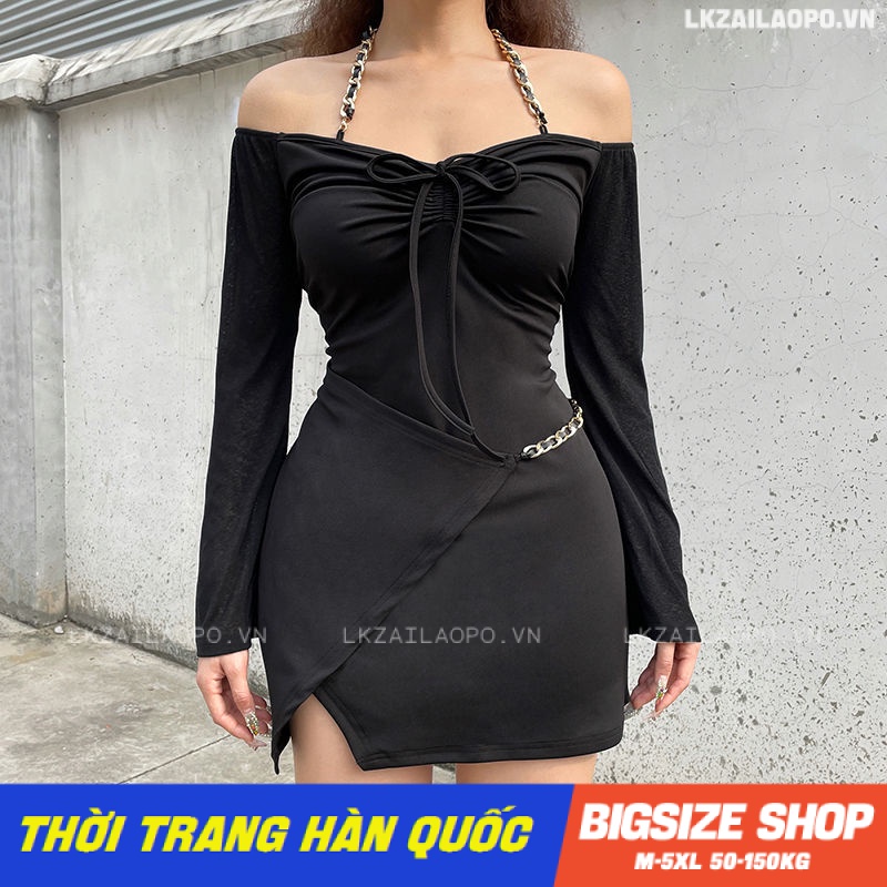 Váy đầm nữ Bigsize Đầm body dáng ôm tay dài trễ vai đen mùa thu Phong cách Hàn Quốc Thời Trang cá tính xinh đẹp cho người mập béo nữ