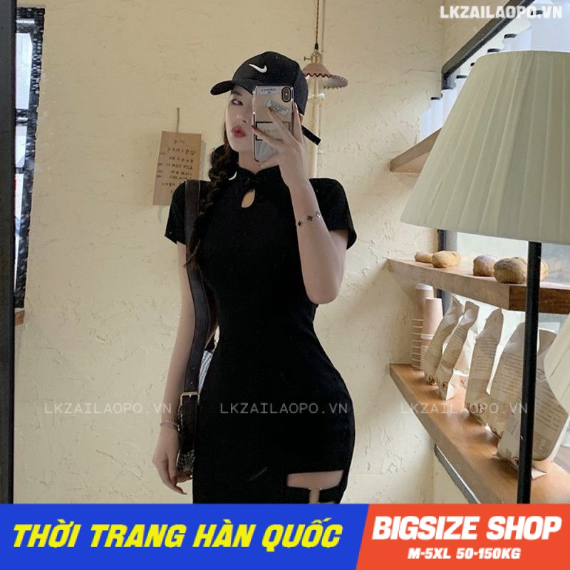 Váy đầm nữ Bigsize Đầm sườn xám cách tân dáng ôm tay ngắn cổ đứng đen mùa hè Phong cách Hàn Quốc Thời Trang đẹp