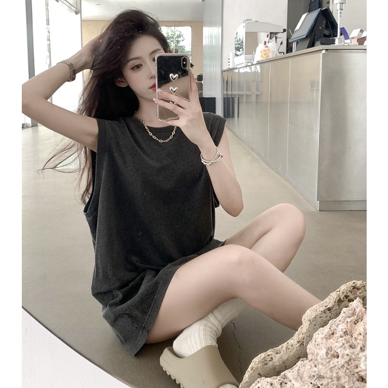 Áo Thun Sát Nách Cổ Tròn Dáng Rộng Đính Đá Toàn Diện Hợp Thời Trang Hè