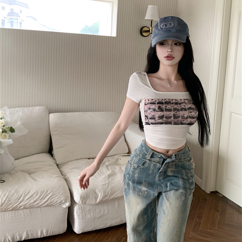 Áo Thun Ngắn Tay Cổ Vuông In Họa Tiết Vui Nhộn Thời Trang