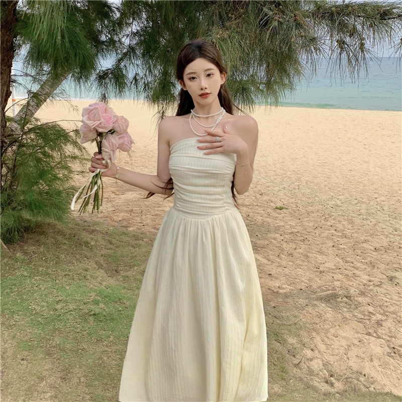 Đầm Dài Xếp Ly Eo Cao Màu Trơn Phong Cách Hàn Quốc Cho Nữ