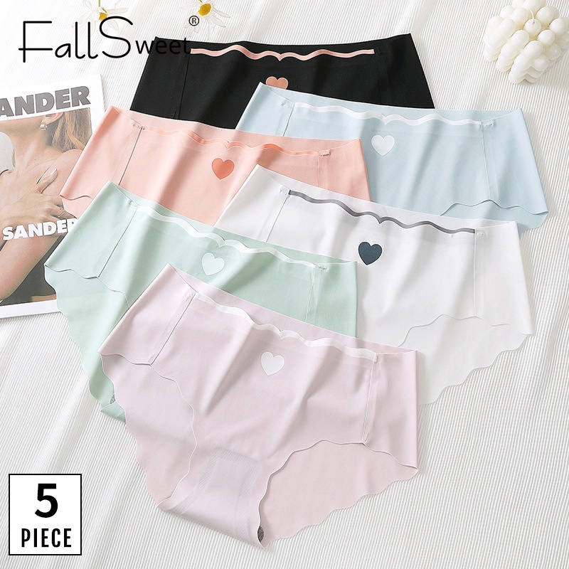 Fallsweet Bộ 5 Quần Lót Nữ Vải Lụa Lạnh Không Đường May Họa Tiết Trái Tim Quả Đào Gợi Cảm