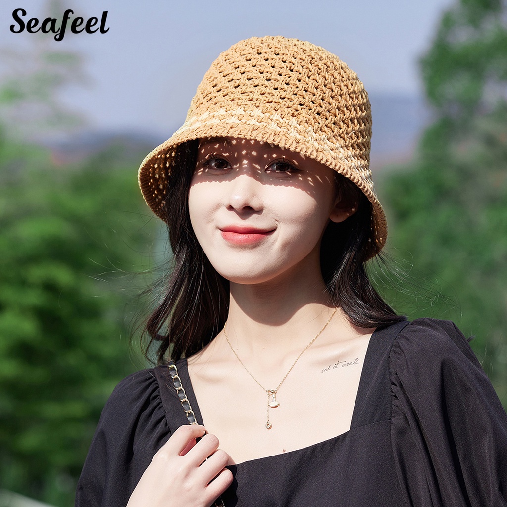 Nón Đan Móc Họa Tiết Sọc Rỗng Cho Nữ Đi Biển Mùa Hè