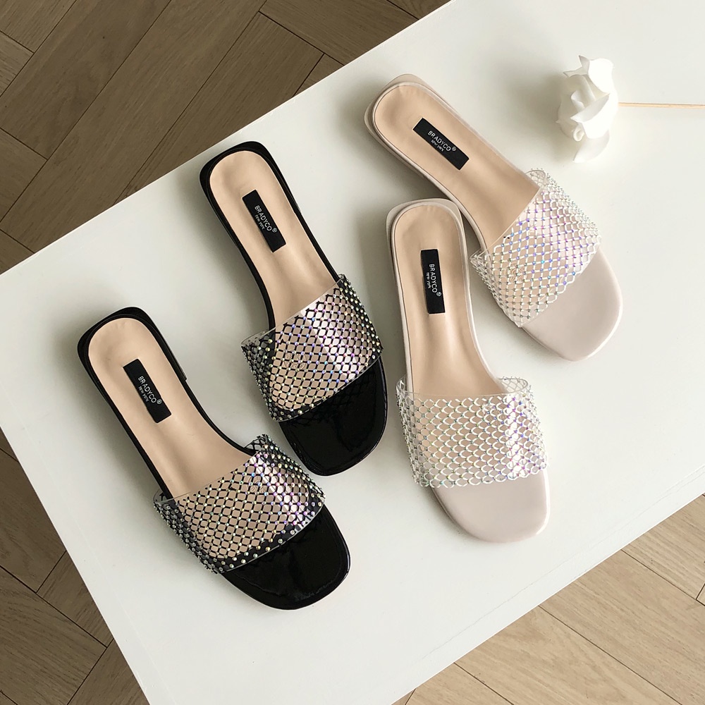 [ccomccomshoes] Ariel Cubic Mash Mule Slippers (2 cm)-It's a mule slipper Clear transparent fabric creates a sophisticated vibe