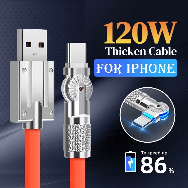 Thiết kế mới 180 ° Tính cách thời trang 120W 6A Dây sạc nhanh với đèn LED Silicone cho iPhone