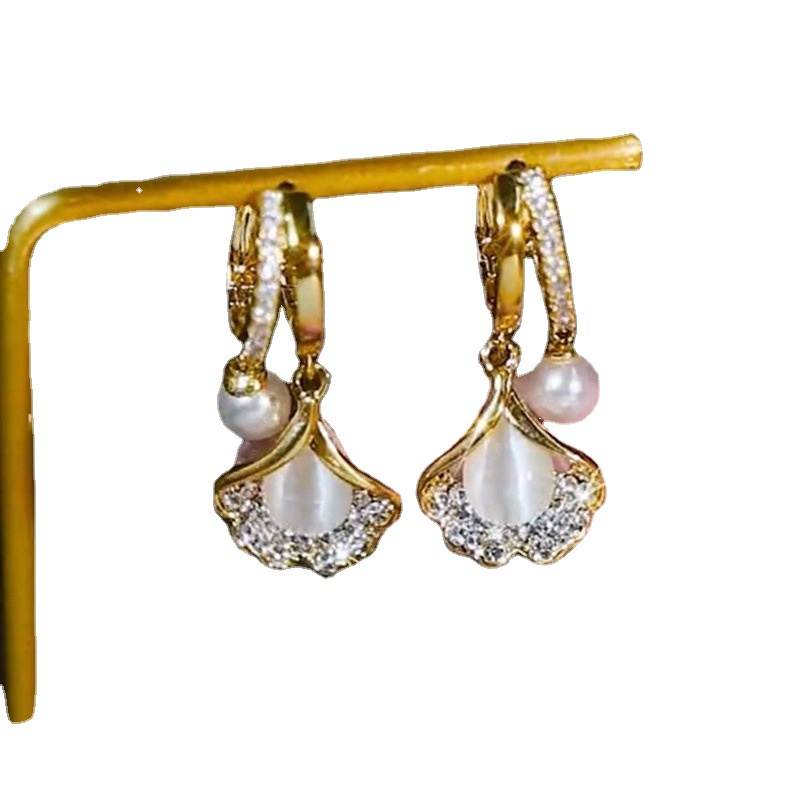 Mới Mèo Mắt Đá Bạch Quả Lá Khóa Tai Bông Tai Trang Sức Dự Tiệc Quà Tặng