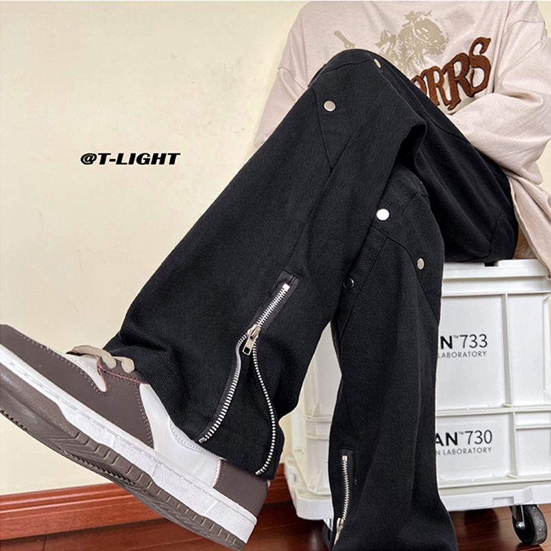 Quần Dài Dáng Suông Rộng Màu Đen Có Khóa Kéo Phong Cách Thời Trang Đường Phố Mỹ Cho Nam Giới