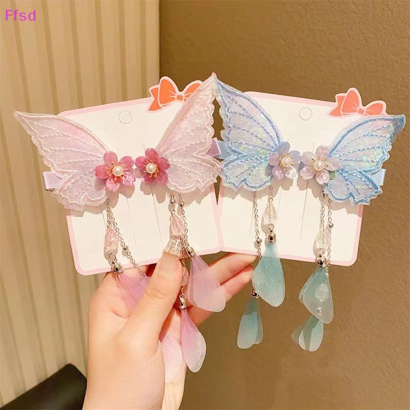 1 Cặp Kẹp Tóc Tua Rua Thêu Hoa Bướm Handmade Cho Nữ