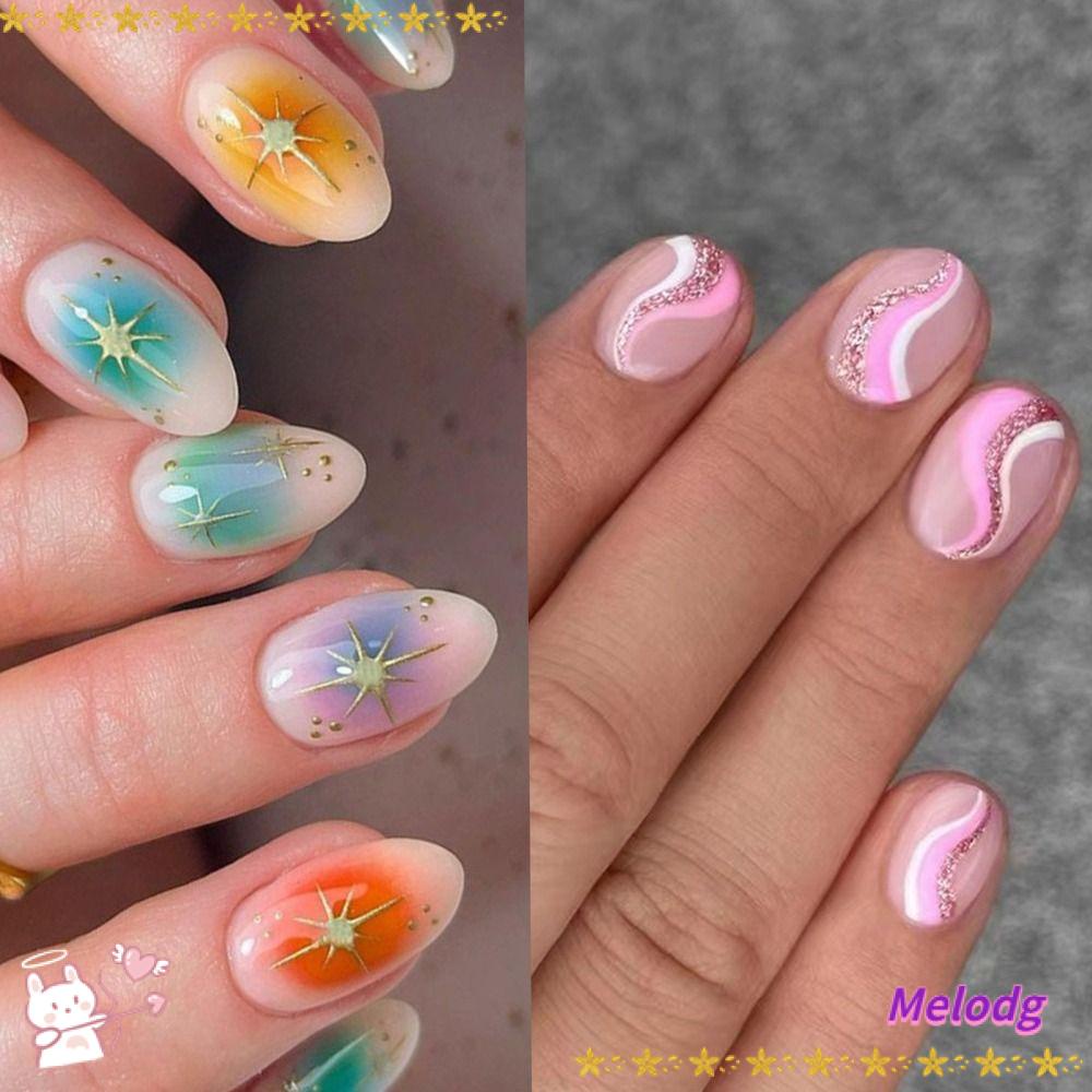 MELODG Set 24 Móng Tay Giả Che Phủ Toàn Diện Màu Hồng Trắng