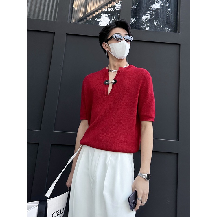 Áo Thun Tay Ngắn Cổ Chữ V Bằng Da Cao Cấp Phối Nút Độc Đáo Thời Trang Mùa Hè