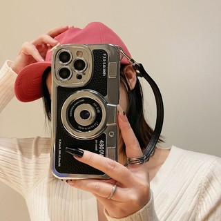 Creative and Personalized 3D Electroplated Camera Leather Hand Starp Phone Case Suitable for iPhone 15 Pro Max 11 12 13 14 Pro Max 14 Plus Shockproof Full Case