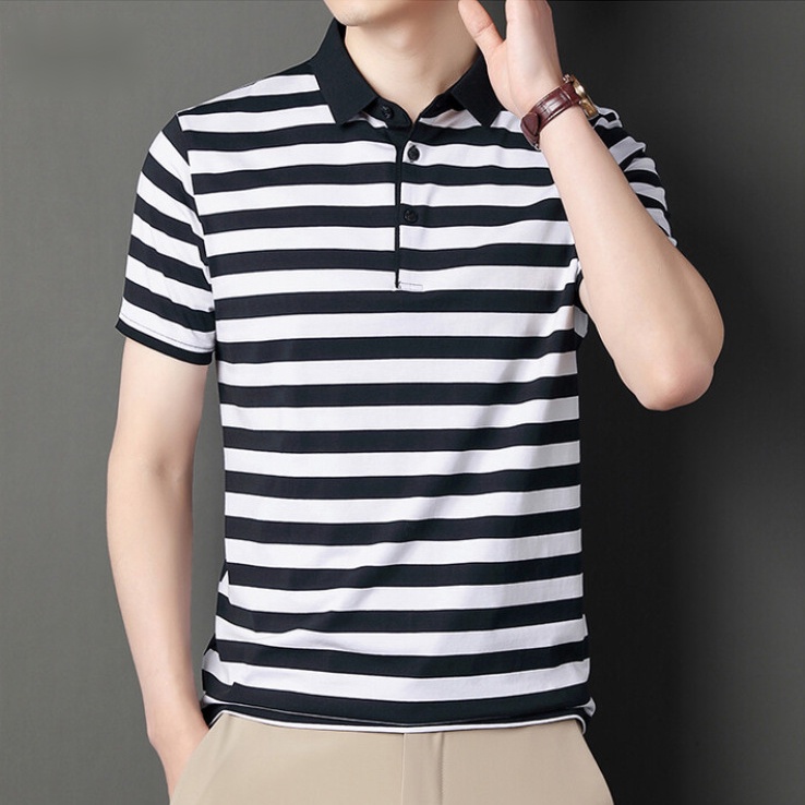 Áo Thun polo Cotton Lụa Lạnh Mỏng Dáng Rộng Tay Ngắn Kẻ Sọc Thoáng Khí Thời Trang Cho Nam