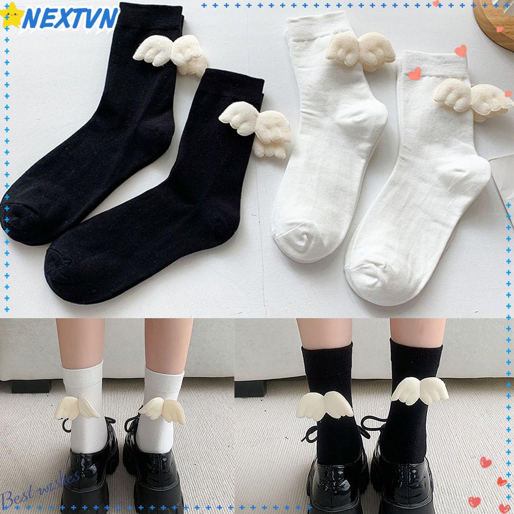 NEXTVN Vớ Thể Thao Cổ Cao Thoáng Khí In Hình Cánh Thiên Thần Màu Trắng Đen Chất Lượng Cao Cho Nữ