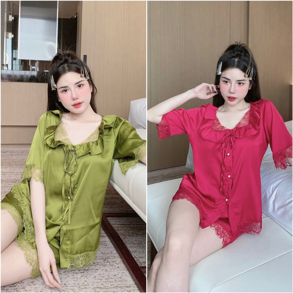 Đồ Bộ Ngủ Đùi Áo Tay Ngắn Phối Ren Mi Cực Xinh Chất Lụa Latin Freesize Namishop