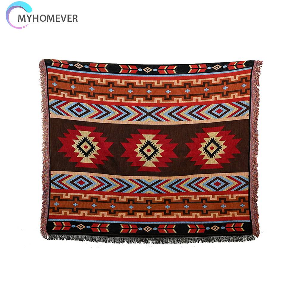 Thảm Cotton Dệt Kim Họa Tiết Thổ Cẩm Phối Tua Rua Có Thể Gấp Gọn Tiện Dụng Mang