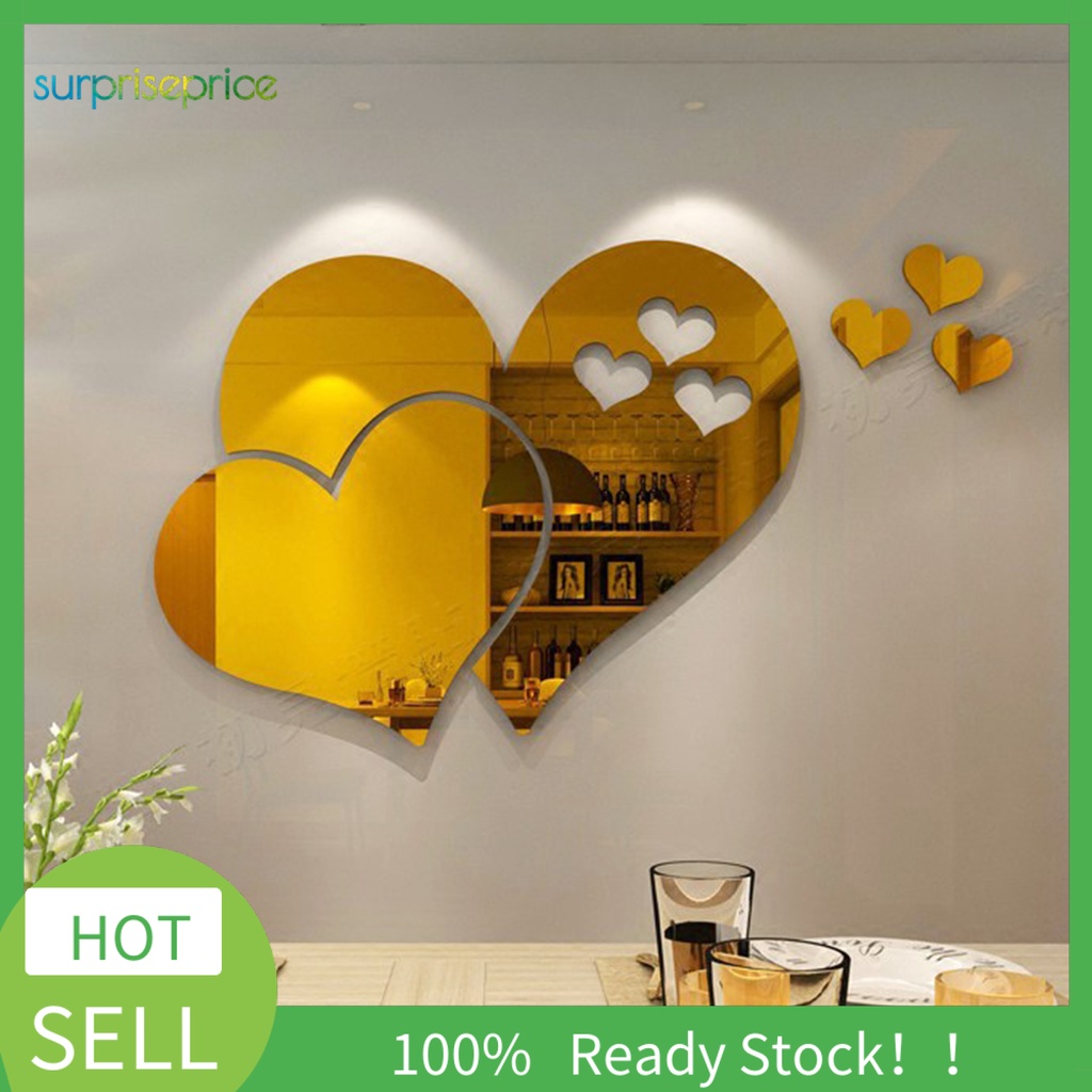 1 Bộ Gương Dán Tường Bằng Acrylic Hình Trái Tim Màu Sắc Trơn Có Thể Tháo Gỡ Trang Trí Nhà Cửa