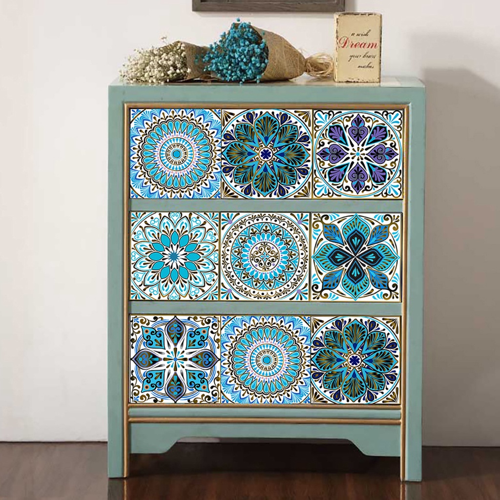 Set 10 Miếng Dán Tường Bằng PVC Cứng Chống Nước Chống Mòn Họa Tiết Mandala Cho Nhà Tắm