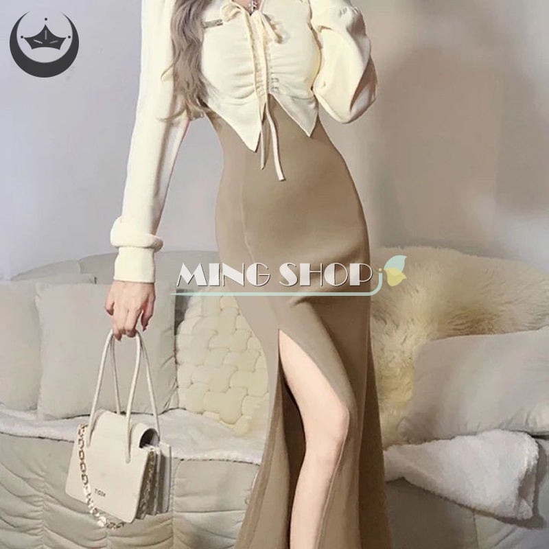 Đầm Giả Hai Lớp Cổ Chữ V Màu Sắc Tương Phản Phong Cách Retro Dành Cho Nữ