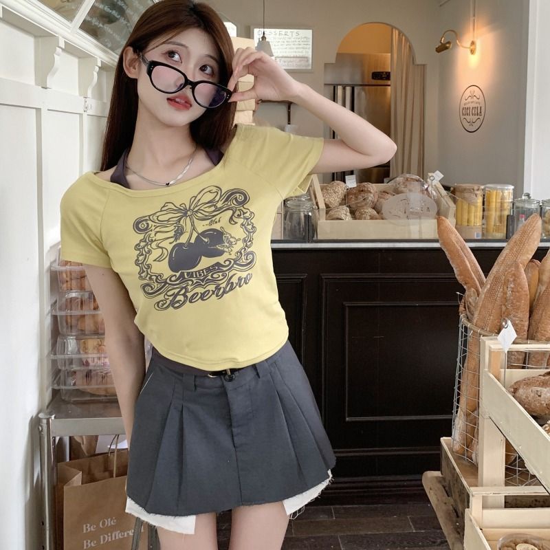 Áo Thun Ngắn Tay Giả Hai Lớp Màu Sắc Tương Phản Phong Cách Retro Dành Cho Nữ