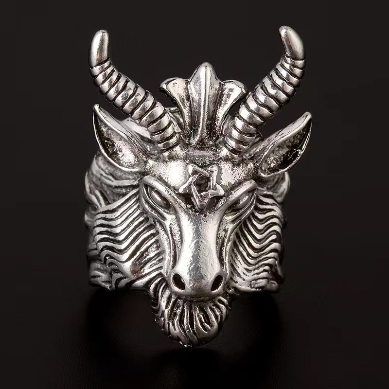 Nhẫn Hình Đầu Dê Satanic Phong Cách Hip hop Cá Tính