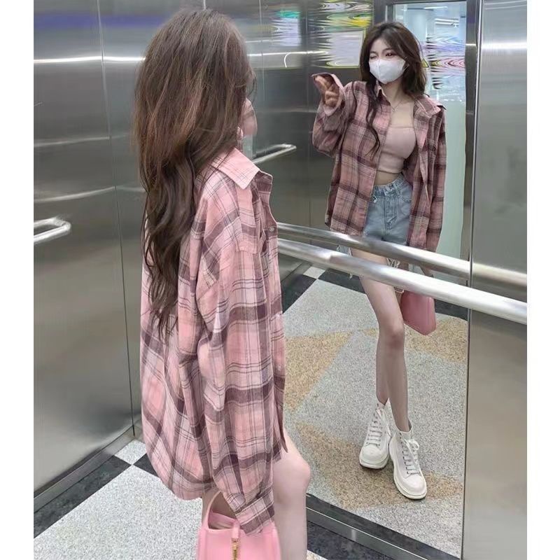 Áo Sơ Mi Tay Dài Chống Nắng Họa Tiết Kẻ Sọc Màu Hồng Thời Trang Cho Nữ