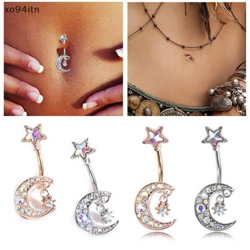 Khuyên Rốn 14G Hình Ngôi Sao Mặt Trăng Đính Đá Pha Lê Xinh Xắn