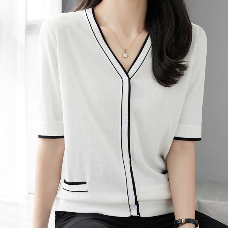 Multiplication top mỏng phong cách dệt kim cardigan phụ nữ lỏng lẻo mỏng hơn nhìn v-cổ váy mùa hè 2022 phong cách mới áo khoác lụa băng bên ngoài q