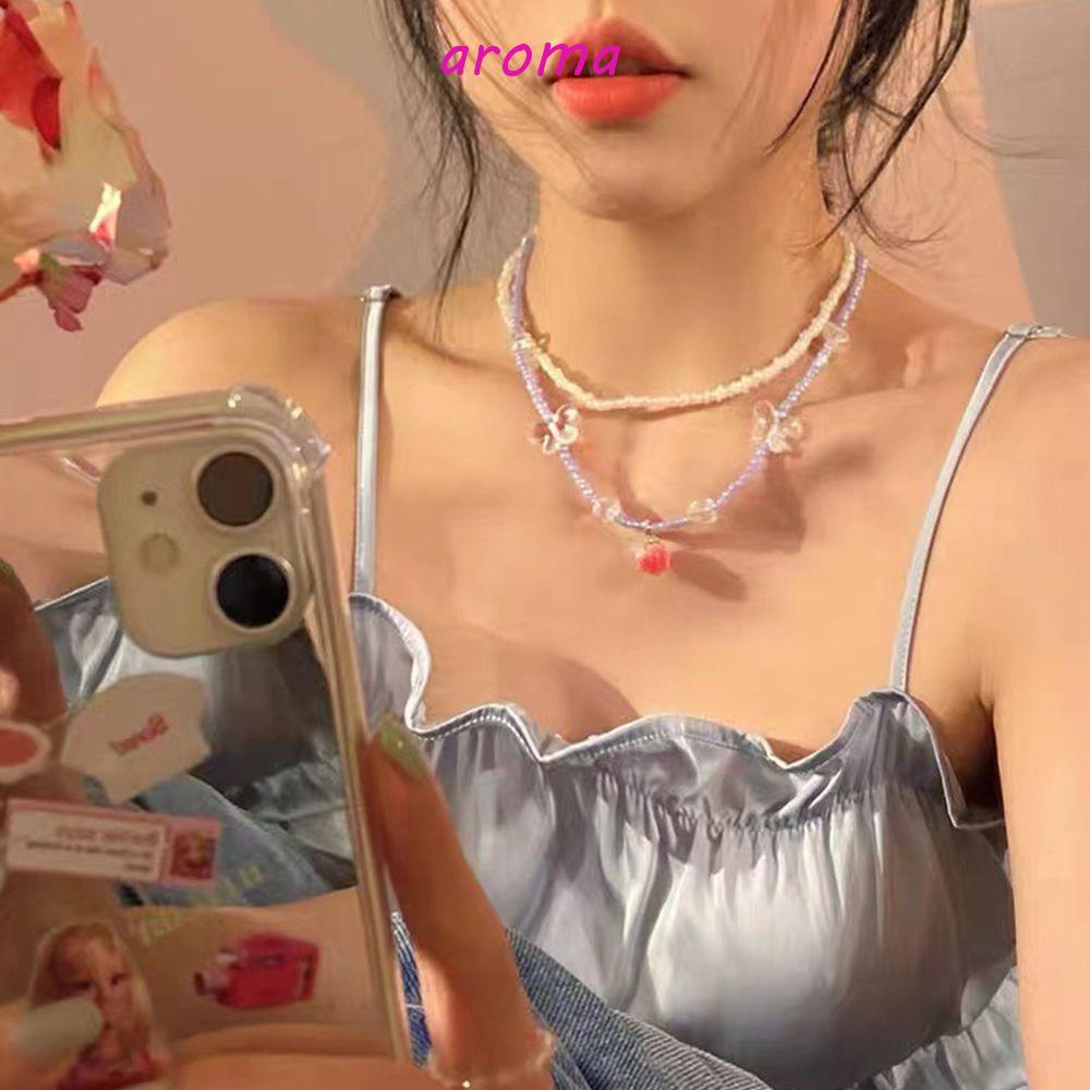 AROMA Vòng cổ Hai Lớp Bằng Nhựa Resin Mặt Bướm Đơn Giản Độc Đáo Y2K