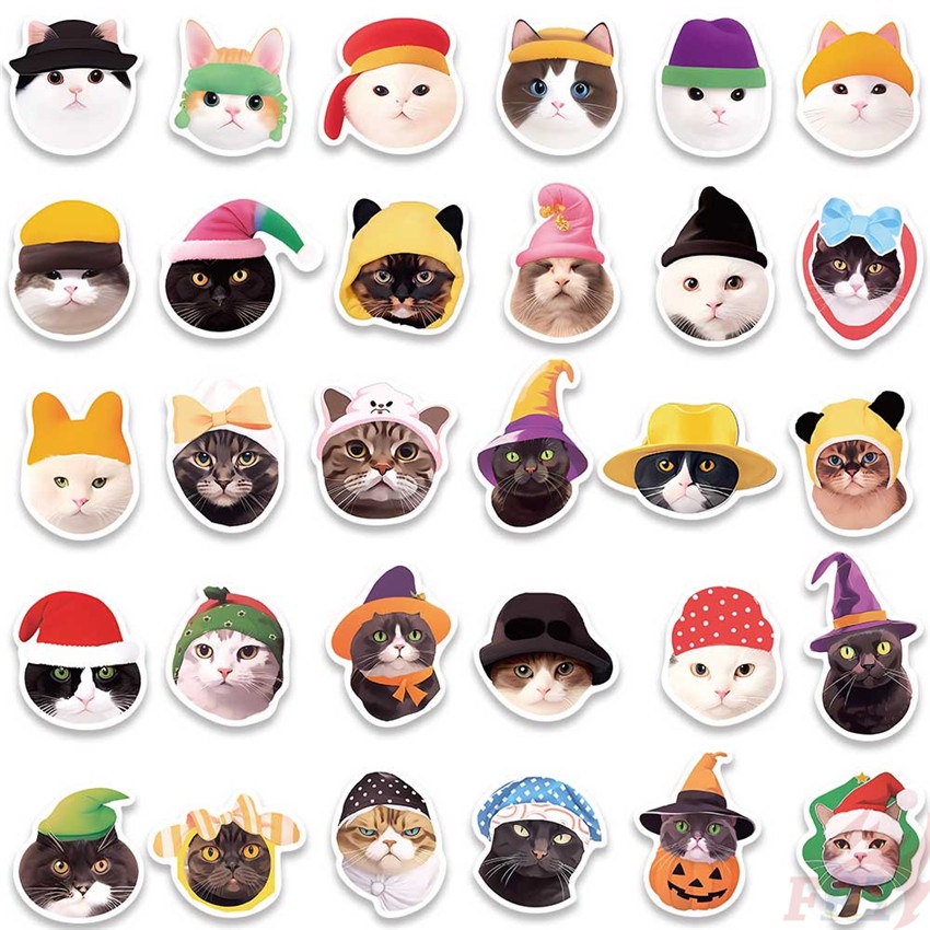 ❉ Chú Mèo Đội Mũ Ngộ Nghĩnh Đáng Yêu Miếng Dán Trang Trí Hình Mèo Dễ Thương Series 01 ❉ Bộ 55 Sticker Chống Thấm Nước Họa Tiết Doodle Hợp Thời Trang