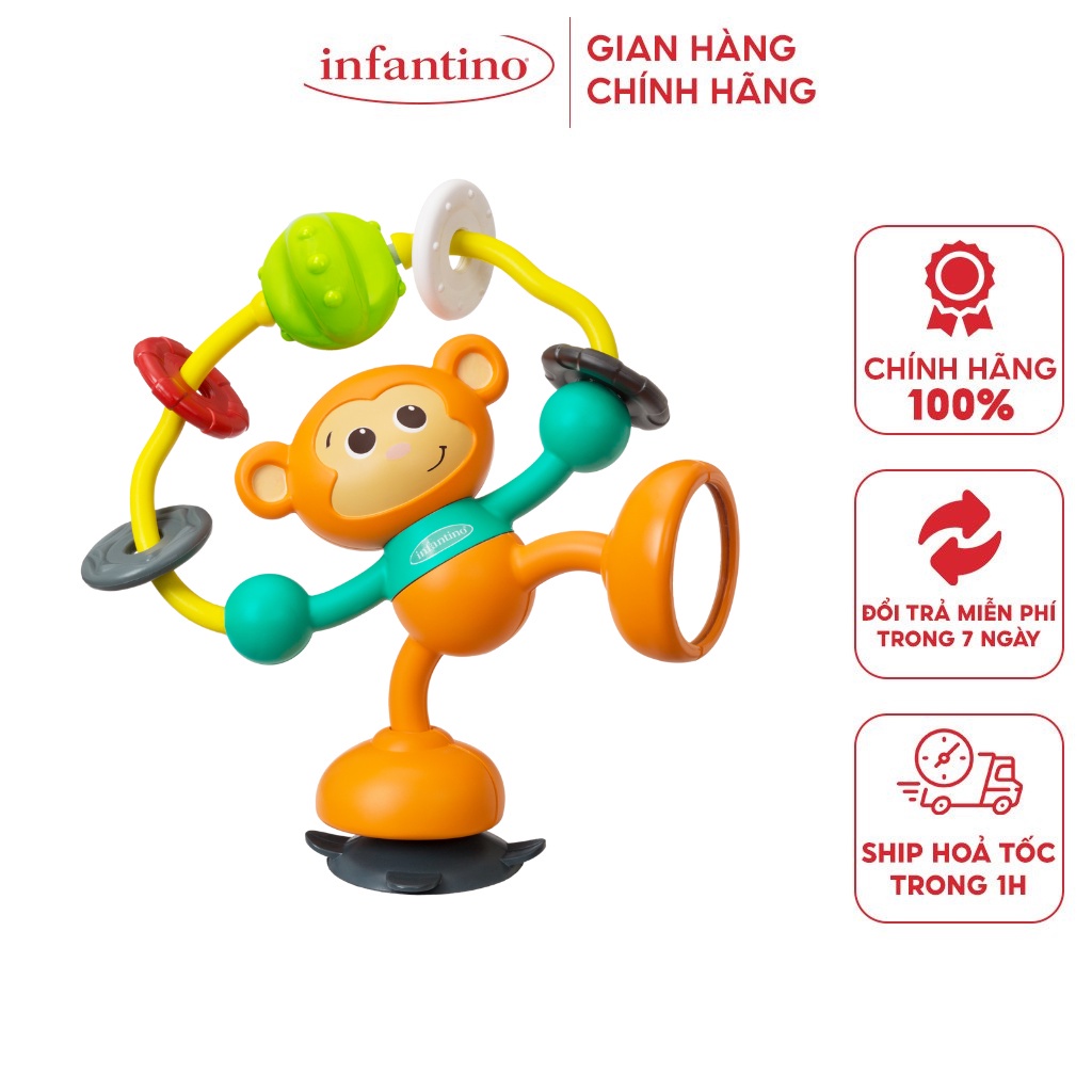Đồ chơi hình khỉ cho bé INFANTINO Stick &amp; Spin High Chair Pal, đồ chơi có đế dính an toàn cho trẻ