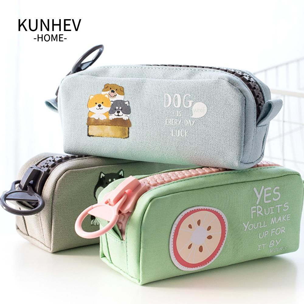 KUNHEV Túi Đựng Bút Bằng Vải Canvas Cỡ Lớn Có Khóa Kéo In Hoạt Hình Dễ Thương Cho Bé