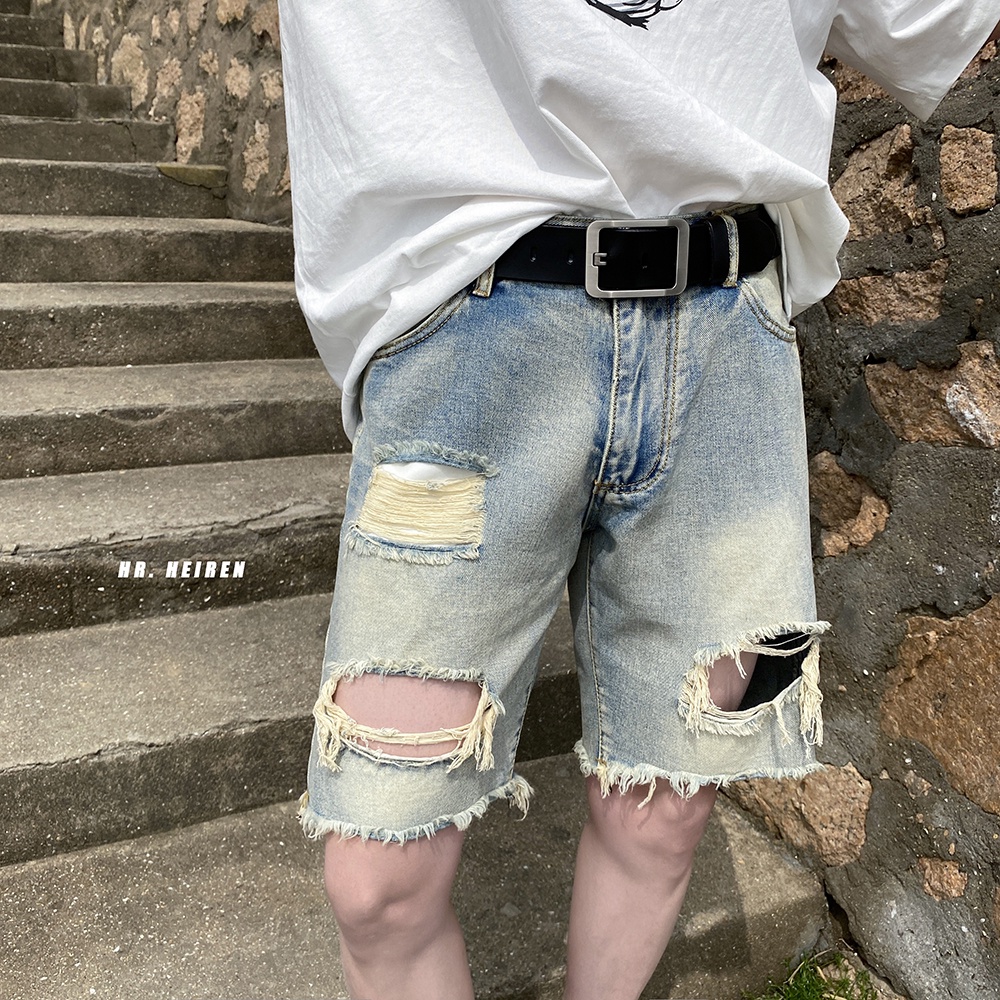 Quần Short Denim Phối Rách Thời Trang Đường Phố Mùa Hè Cho Nam