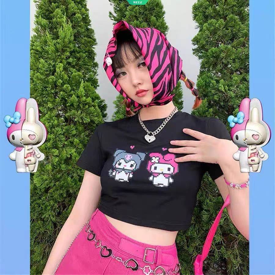 Áo Thun Croptop Tay Ngắn In Họa Tiết Kuromi Melody Thời Trang Mùa Hè 2023 Cho Nữ