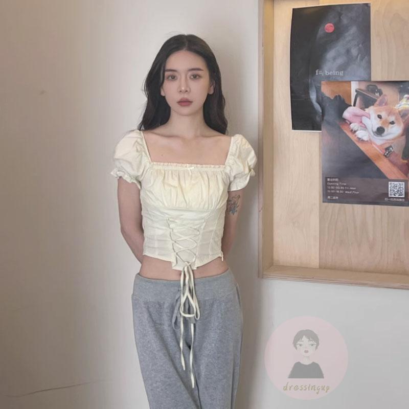 Áo Thun Ngắn Tay Cổ Vuông Thắt Dây Chéo Màu Sắc Đơn Giản Dành Cho Nữ