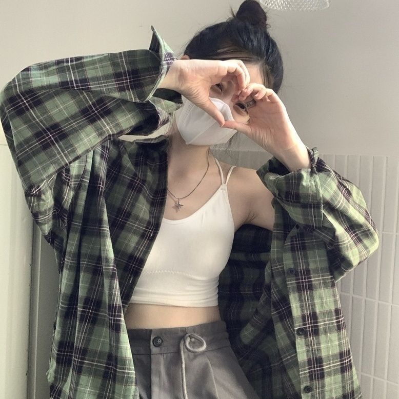 Áo Sơ Mi Caro Tay Dài Dáng Rộng Phong Cách Vintage Hàn Quốc Cho Nữ