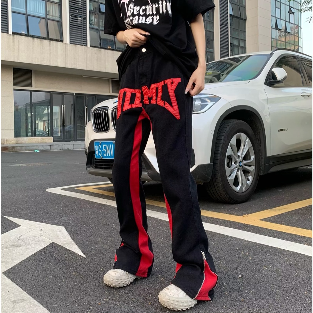 Quần Jean Dài Dáng Suông Rộng Có Khóa Kéo Phong Cách Hiphop Đường Phố Mỹ Cho Nam Và Nữ