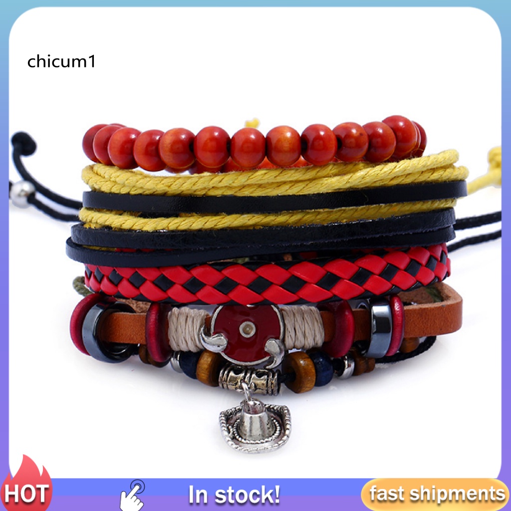 Set 4 Vòng Tay Da Nhiều Lớp Phong Cách Retro