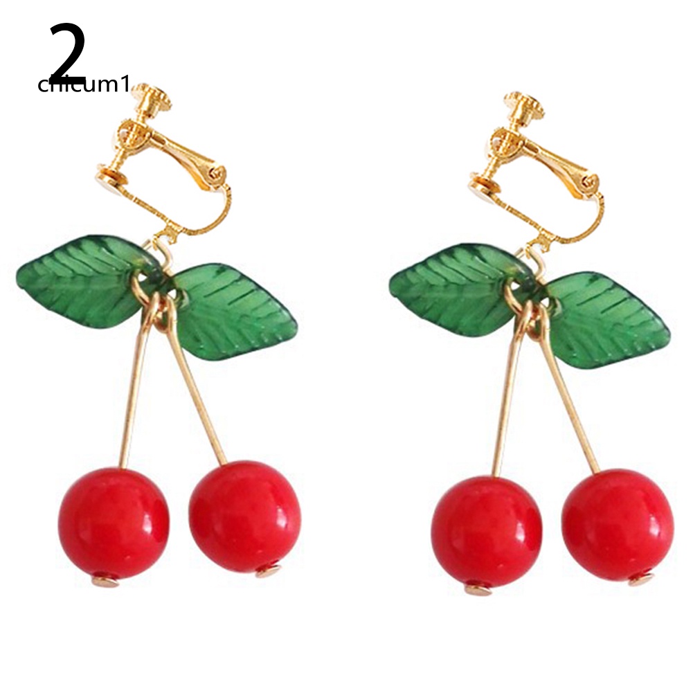 Bông Tai Dạng Móc Hình Trái Cherry Đỏ / Lá Xanh Ngọt Ngào Cho Nữ
