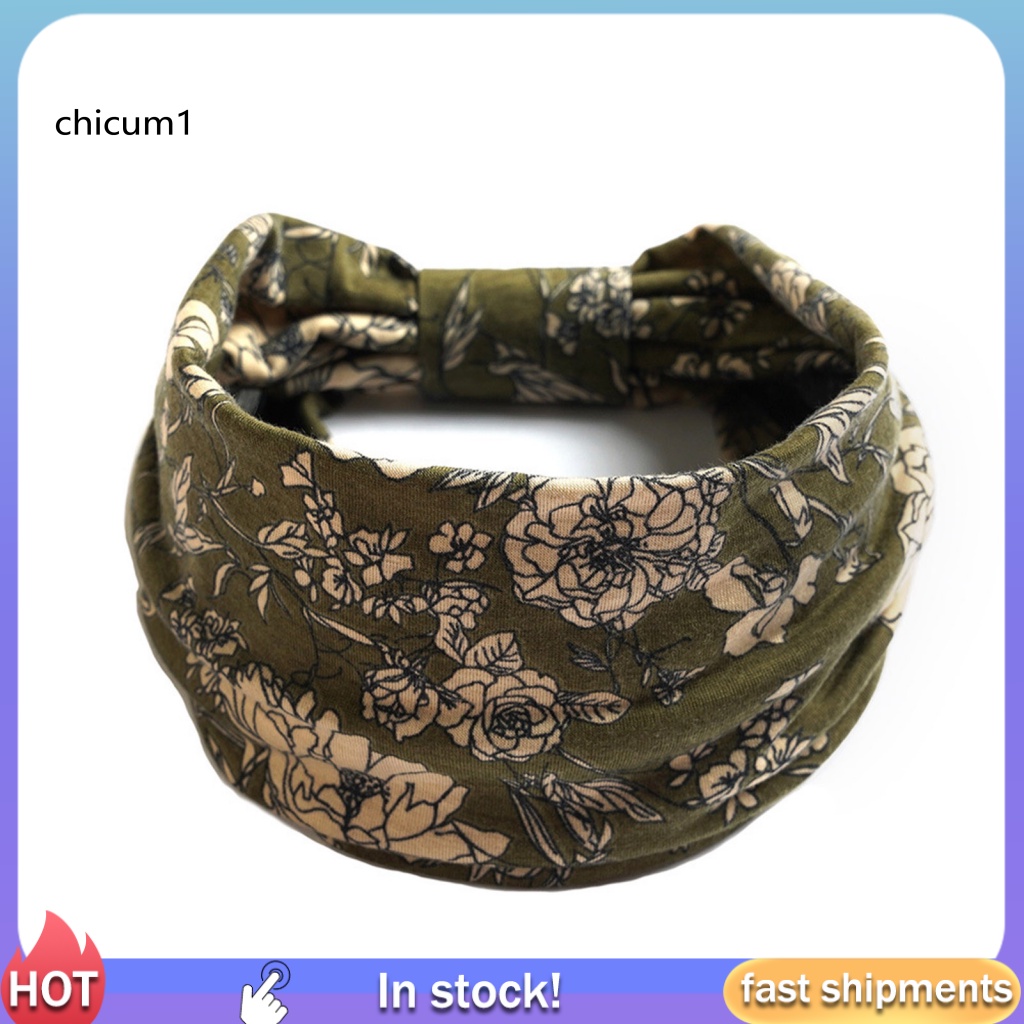Băng Đô Cài Tóc Bản Rộng Chống Trượt Thấm Hút Mồ Hôi In Họa Tiết Hoa Phong Cách Bohemia Cho Nữ