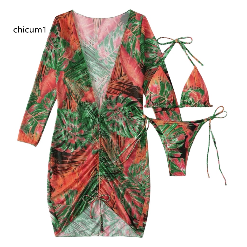 Set 3 Món Đồ Bơi Hai Mảnh Áo Khoác Cardigan Dài Tay + Áo Khoác Ngoài Bằng Polyester In Họa Tiết Thời Trang Đi Biển Cho Nữ