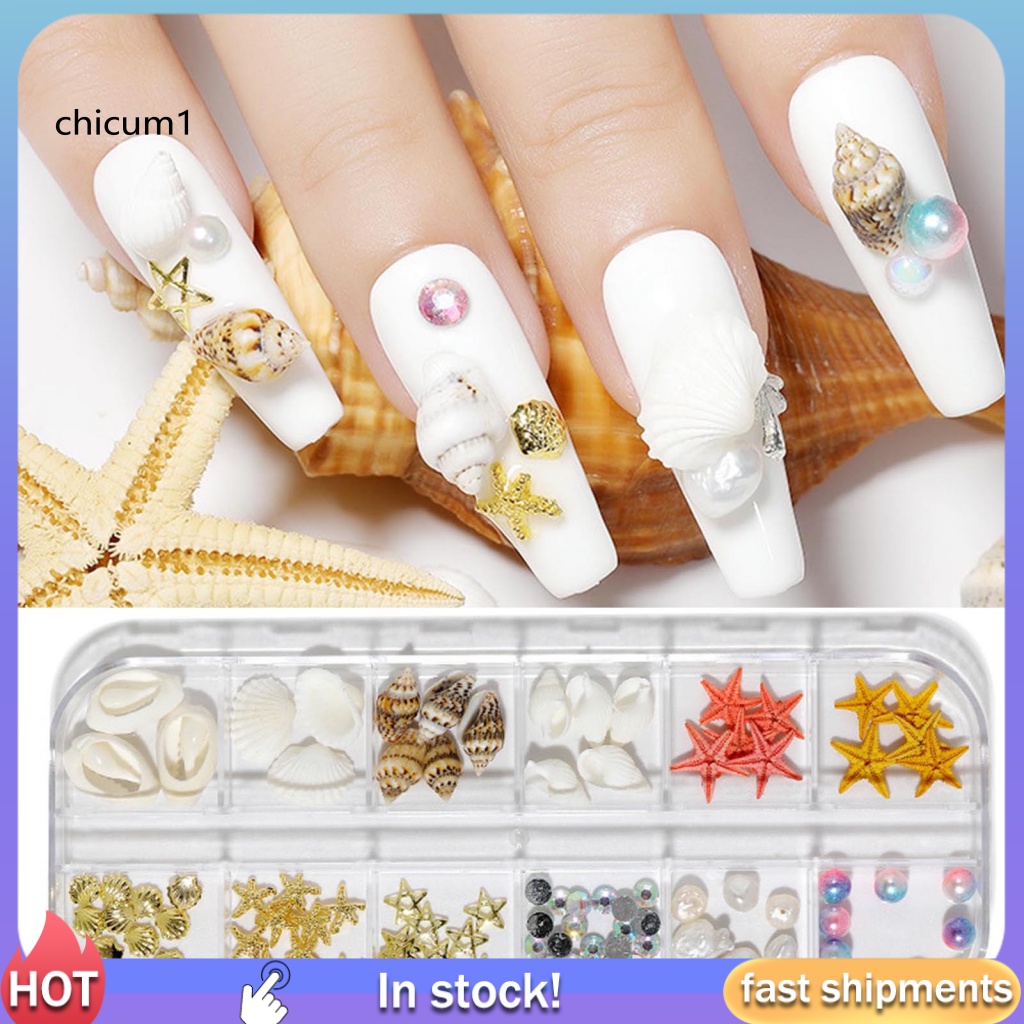 1 Hộp Phụ Kiện Trang Trí Móng Tay Nghệ Thuật Bằng Nhựa Hình Vỏ Sò / Sao Biển 3D Nhiều Phong Cách Sáng Tạo